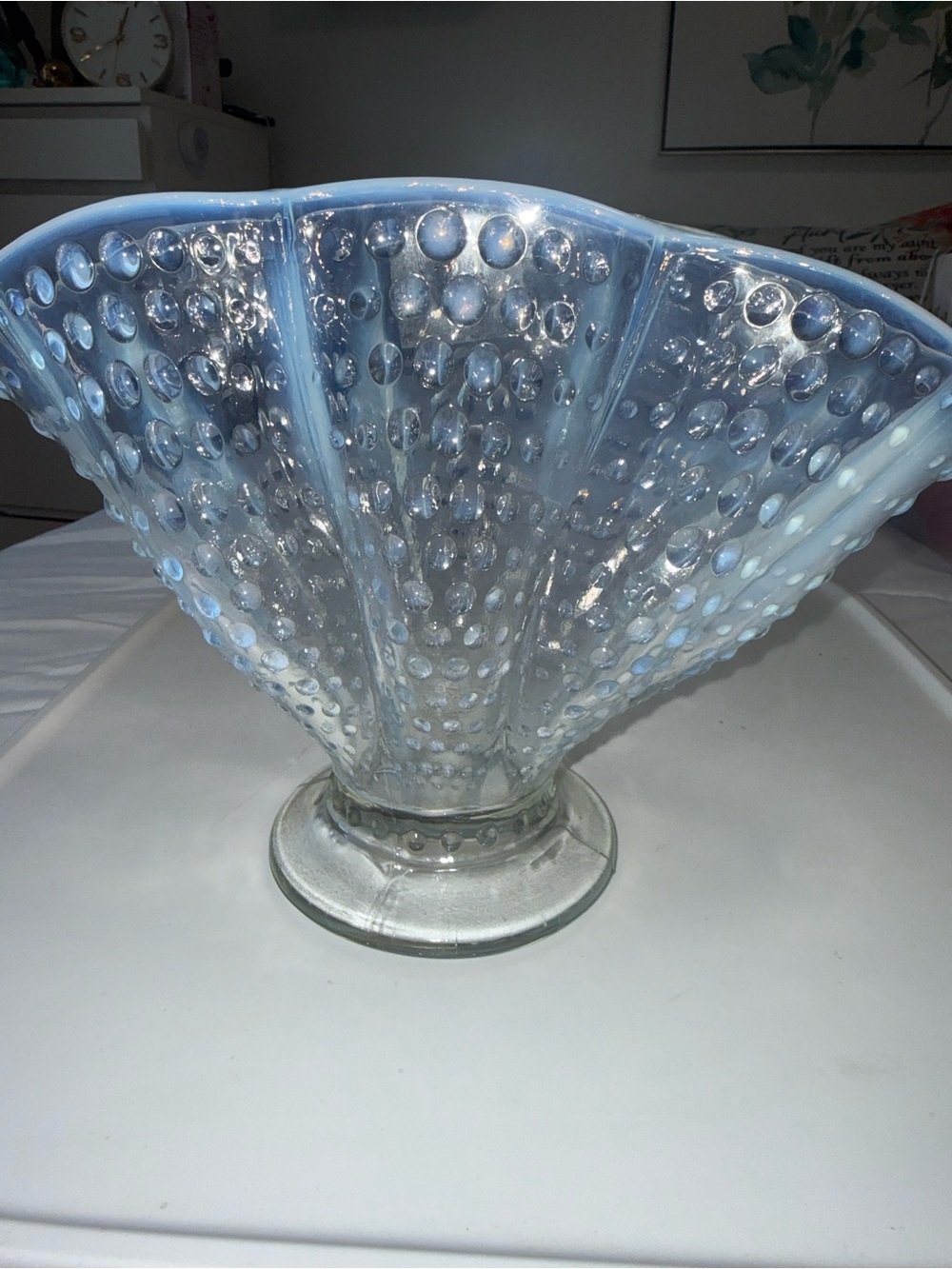 Vintage hobnob, milk glass pedestal vase ruffled fan shape, compote centerpiece